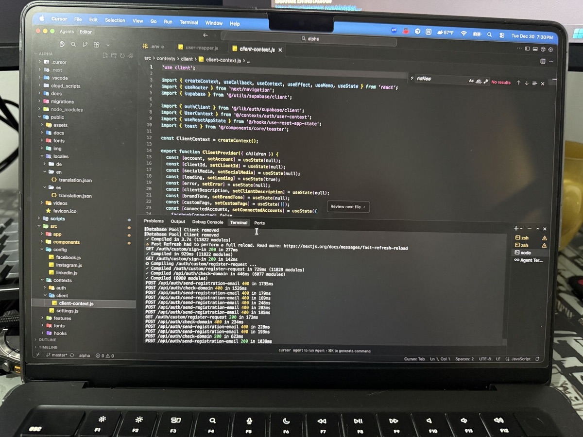Cursor IDE on a laptop, late-night coding